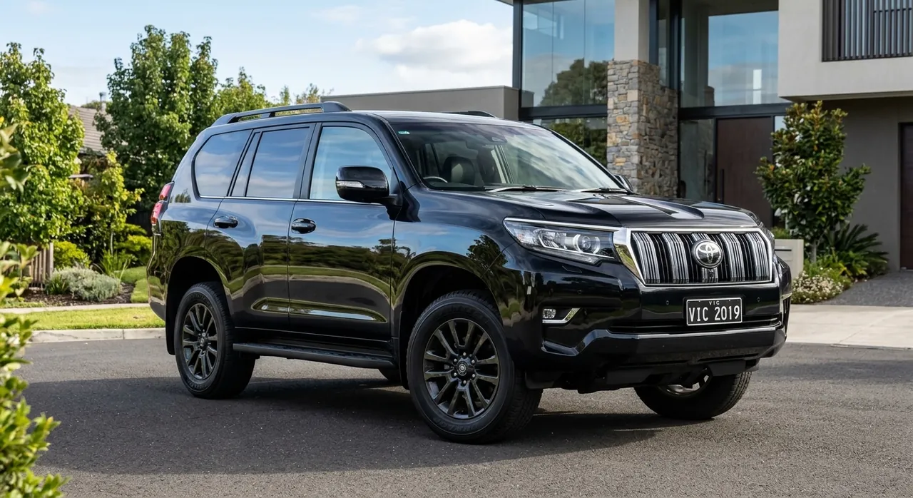 Black Toyota Prado SUV parked outside a modern house