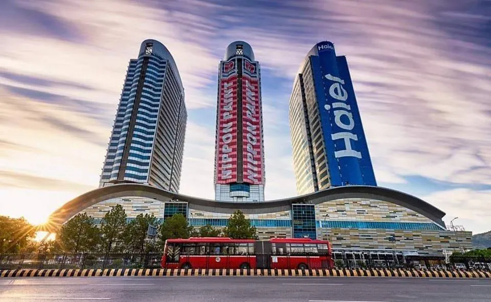 Centaurus Mall and its three towers in Islamabad at sunset