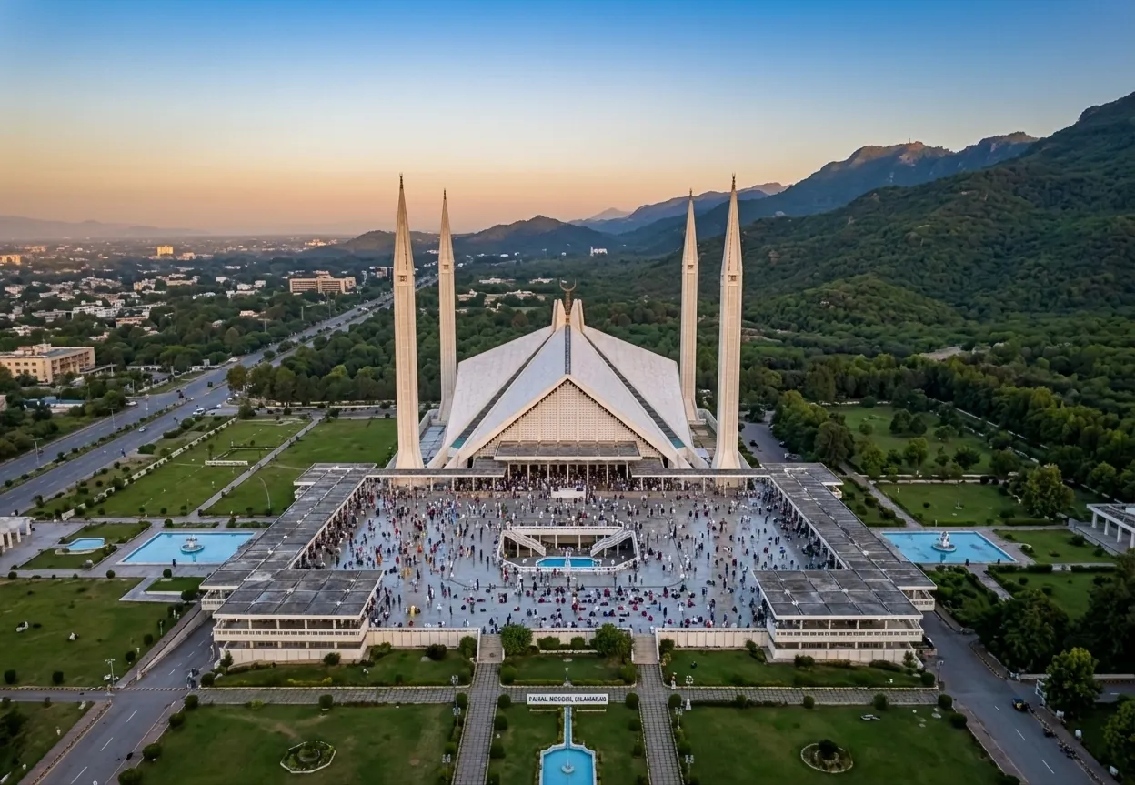 Faisal Mosque and the Margalla Hills in Islamabad at sunset