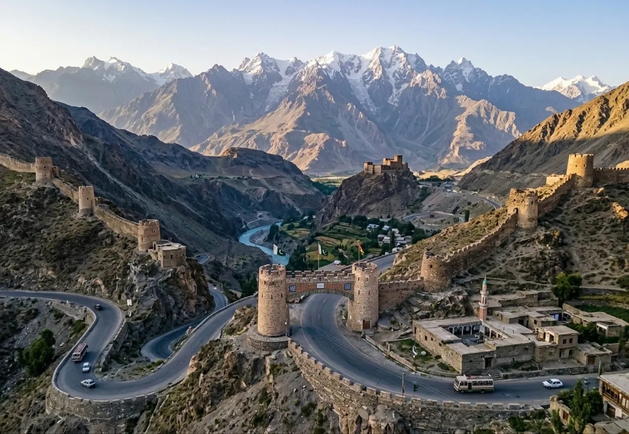 Winding mountain road and fort walls in the northern mountains of Pakistan