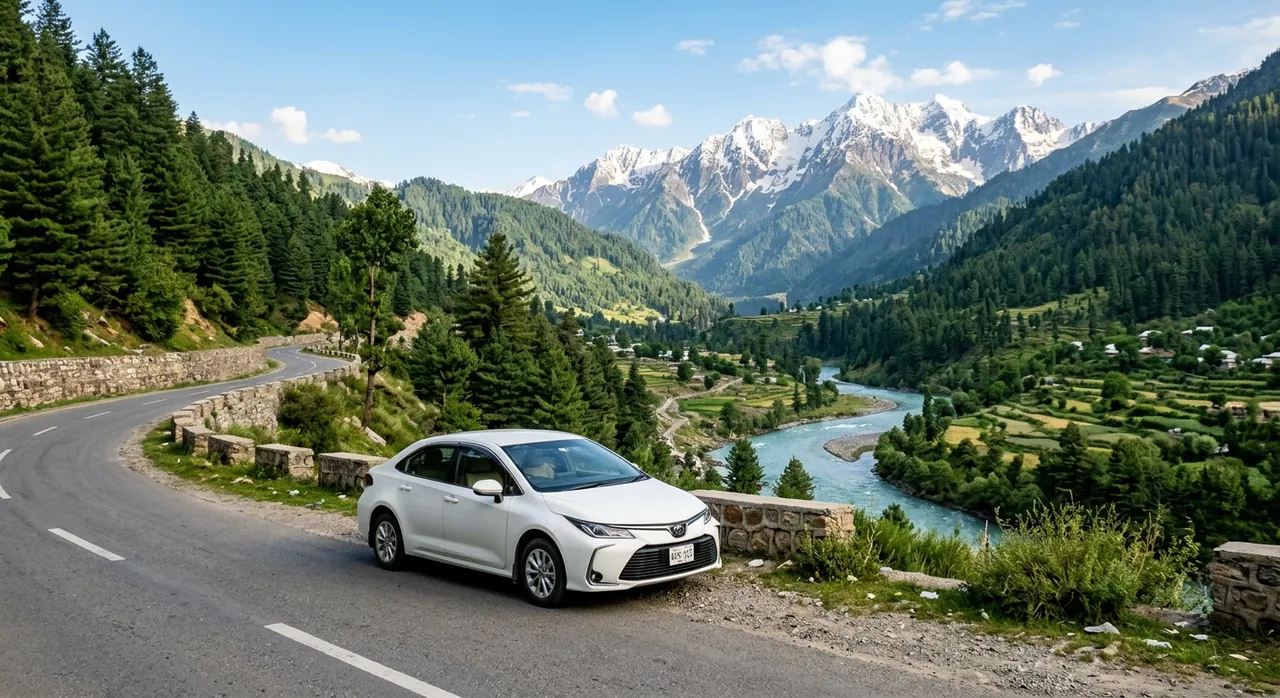 White Toyota Corolla on a mountain road above a river valley with snow peaks