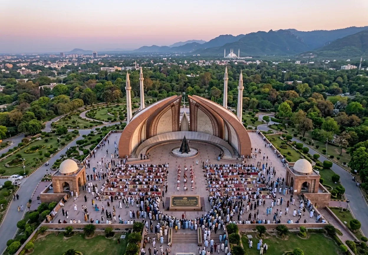 Pakistan Monument in Islamabad with visitors gathered on its plaza