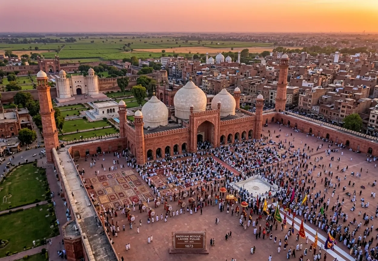 Badshahi Mosque and the old city of Lahore in Punjab at sunset