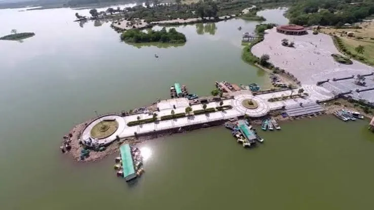 Aerial view of the jetty and boats at Rawal Lake View Point in Islamabad