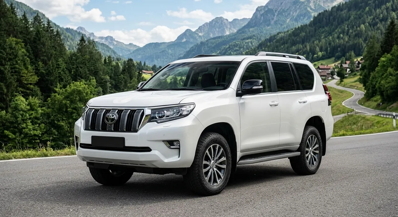 White Toyota Prado SUV on a mountain road in Pakistan